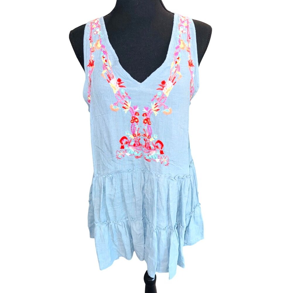 Blue Sleeveless Tiered Boho Tunic Top Embroidered Floral Entro M Cottage Core